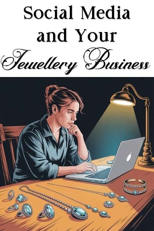 A person focuses intently on a laptop under a desk lamp, surrounded by jewelry. The image's header reads "Social Media and Your Jewellery Business."