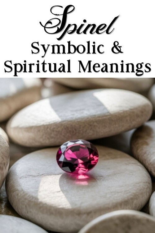 A vibrant red spinel gemstone sits on smooth gray stones. Above, the text reads "Spinel Symbolic & Spiritual Meanings," suggesting elegance and mystique.