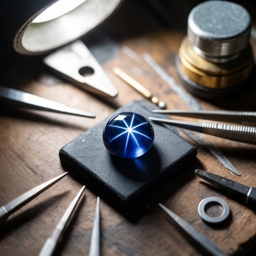 A radiant blue star sapphire rests on black leather, surrounded by precision tools under a bright lamp, creating a focused, meticulous workshop ambiance.