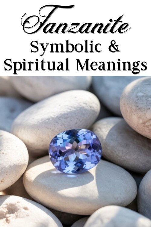 A vibrant blue tanzanite gemstone rests on smooth white stones. Above, text reads, "Tanzanite Symbolic & Spiritual Meanings," conveying elegance and intrigue.