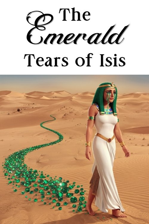 The Egyptian goddess Isis walks through a desert, leaving a trail of emerald gems in the sand. Text above reads, "The Emerald Tears of Isis."
