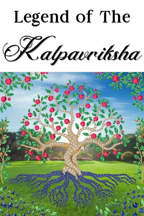 Title: "Legend of The Kalpavriksha" in ornate font. A vibrant tree with jeweled branches and ruby fruit stands in a lush meadow. Bright and mystical tone.