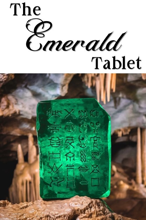 Emerald tablet with ancient symbols, glowing in a cave with stalactites. The text "The Emerald Tablet" is above in a stylized font. Mysterious and mystical tone.