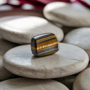 A polished tiger's eye stone rests on smooth gray stones, highlighted by natural light. The setting conveys tranquility and balance.