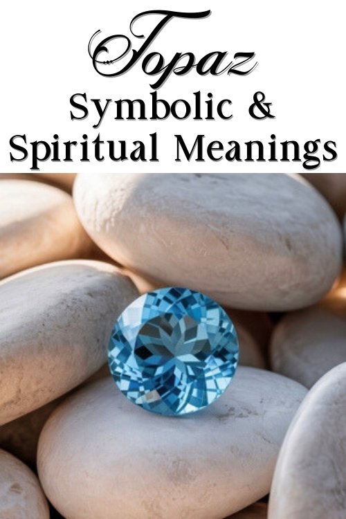 A vibrant blue topaz gemstone rests on smooth beige stones. Above, elegant text reads "Topaz Symbolic & Spiritual Meanings," conveying tranquility and significance.