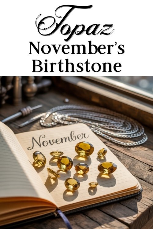 A notebook showing "November" has yellow topaz gemstones spread on it, symbolizing November's birthstone. A chain lies nearby on a sunlit desk.