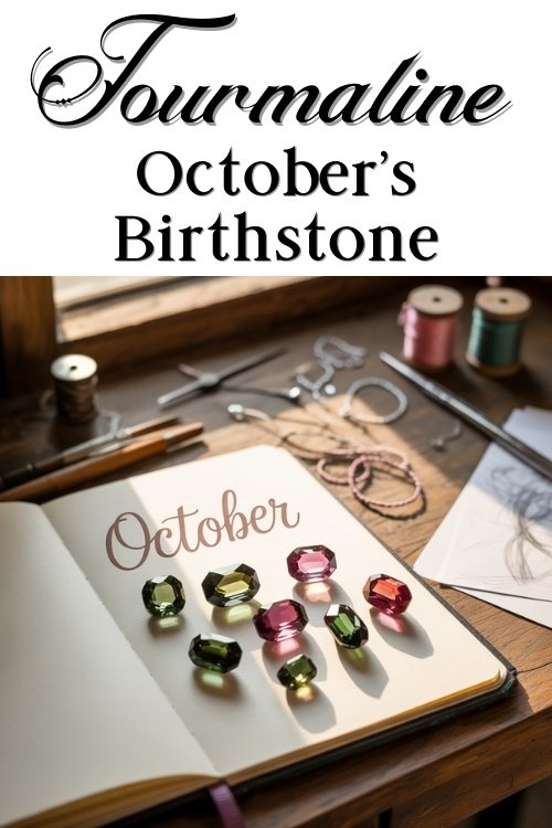 A book labeled "October" displays various colored gemstones on a wooden desk. The image reads "Tourmaline, October's Birthstone," conveying an elegant and creative tone.