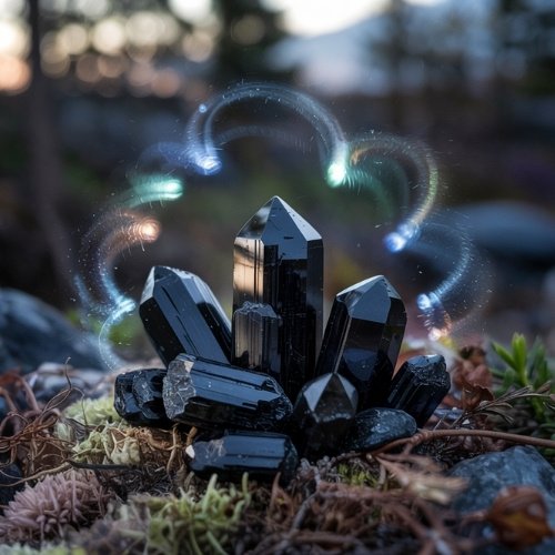 A cluster of shiny black tourmaline crystals sits on moss, surrounded by a forest backdrop at dusk. Glowing orbs hover above, creating a mystical, enchanting aura.