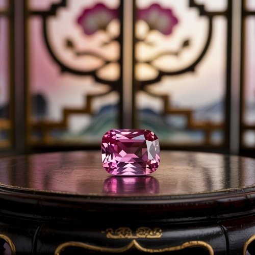 A radiant pink tourmaline gemstone with intricate facets sits on an ornate wooden table, set against an elegant, blurred background with floral motifs.
