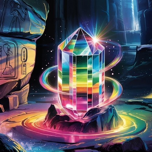 A large, multicolored tourmaline crystal glows atop a rock, emitting radiant light. Mystical symbols adorn the stone walls of the surrounding dark cavern.