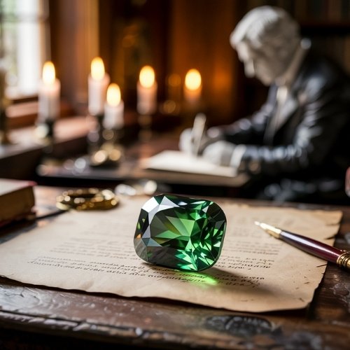 A large, faceted green tourmaline gemstone rests on an ancient manuscript, with a quill nearby. In the background, a statue of a seated figure writes by candlelight.
