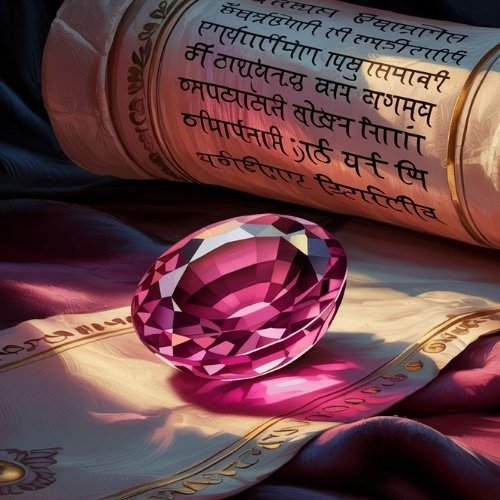 A vibrant pink tourmaline gemstone rests on a richly textured fabric beside scrolls with Sanskrit script, evoking a sense of mystery and ancient wisdom.
