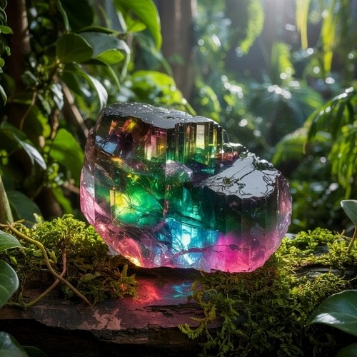 A colorful tourmaline crystal with pink, blue, and green hues sits on a mossy log in a lush jungle with soft sunlight filtering through the foliage.