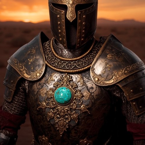 A Persian knight in detailed armor stands against a sunset-lit desert. The ornate breastplate features a large turquoise gem.