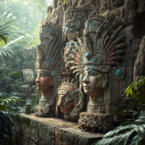 Stone sculptures of ancient Mesoamerican figures with intricate headdresses and turquoise accents, surrounded by lush greenery and a misty atmosphere.