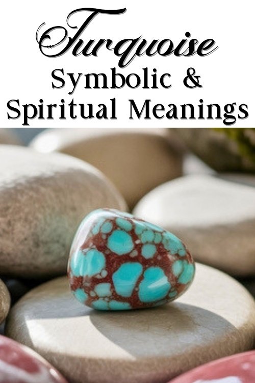 Turquoise stone with brown matrix on smooth pebbles, under text saying "Turquoise Symbolic & Spiritual Meanings." The tone is informative and serene.