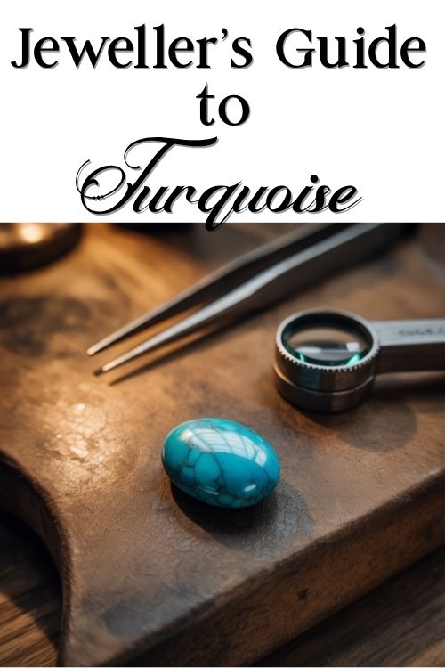 "Jeweller's Guide to Turquoise" cover features a turquoise gemstone on a wooden surface with a magnifying glass and tweezers, conveying elegance and precision.