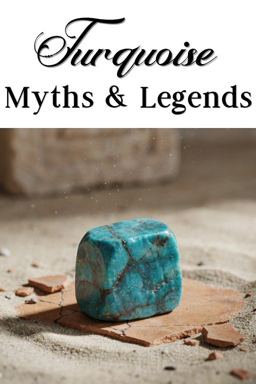 Turquoise stone on sandy surface, capturing its vivid blue-green color and natural patterns. Text above reads "Turquoise Myths & Legends."