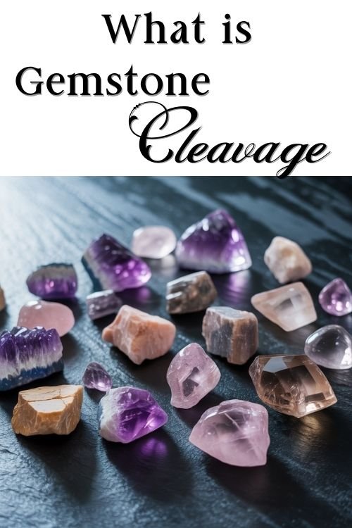 Assorted gemstones in purple and pink hues are scattered on a dark surface beneath the text "What is Gemstone Cleavage," conveying curiosity and elegance.
