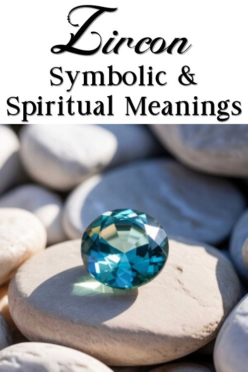 A blue zircon gemstone rests on smooth white stones, capturing sunlight. Bold text above reads, “Zircon Symbolic & Spiritual Meanings,” evoking a mystical vibe.