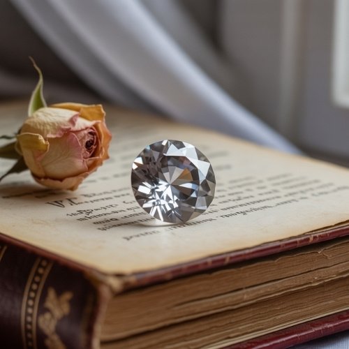 A faceted zircon gemstone and a wilted rose resting on an open vintage book by a window. The scene conveys a nostalgic and reflective mood.