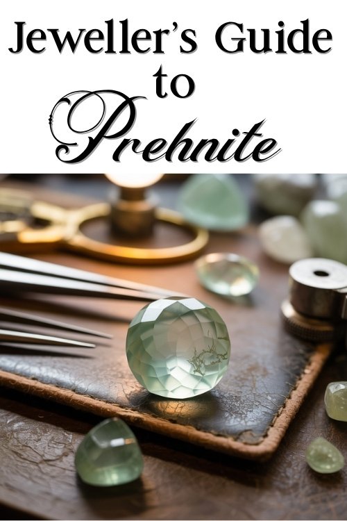 Jeweller's Guide to Prehnite. Faceted prehnite gemstones displayed on a workbench with tools, exuding a calm, focused atmosphere.