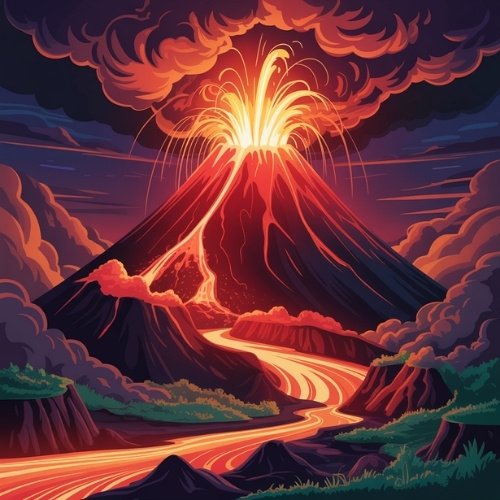 A vibrant, illustrated volcanic eruption with fiery lava flowing down a mountainside under dark, swirling clouds, conveying intense energy and drama.