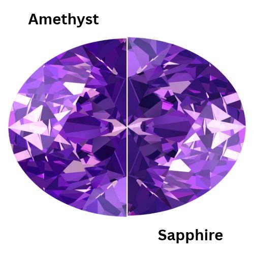 A faceted oval gemstone split vertically into purple amethyst on the left and sapphire on the right, labeled above and below; vivid, jewel-like tones.