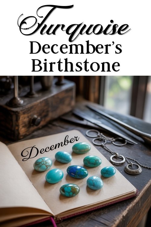 Graphic reads “Turquoise, December’s Birthstone,” with turquoise gemstones and silver jewelry arranged on an open book atop a vintage desk.