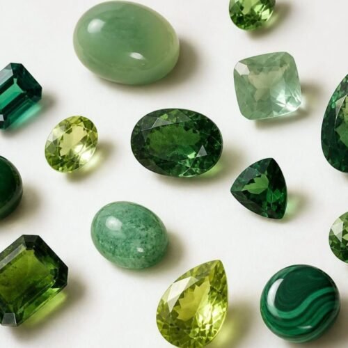 A collection of green gemstones scattered on a white background, including polished jade and malachite cabochons and faceted emerald, peridot, and green tourmaline.