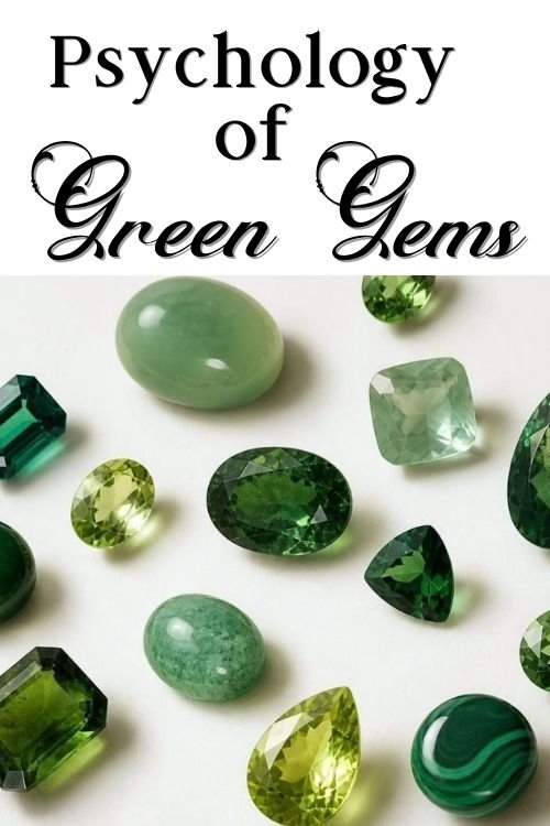 A white poster titled “Psychology of Green Gems” displays emerald, jade, and peridot stones, evoking calm, growth, and natural elegance.
