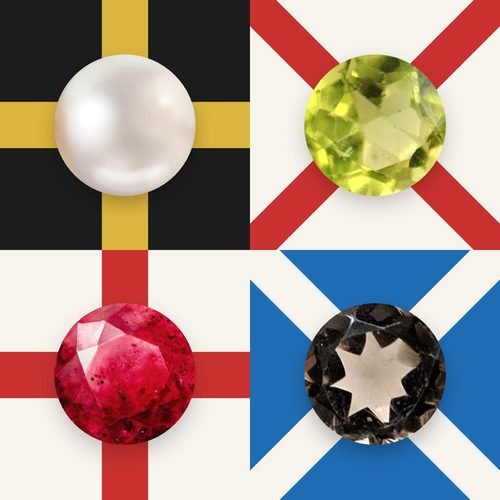 Four gemstones on flags: a white pearl onSt David’s falg, a peridot on St Patrick’s flag, a ruby on St George’s flag, and a smoky quartz on St Andrew’s flag. The arrangement feels bold and heraldic.